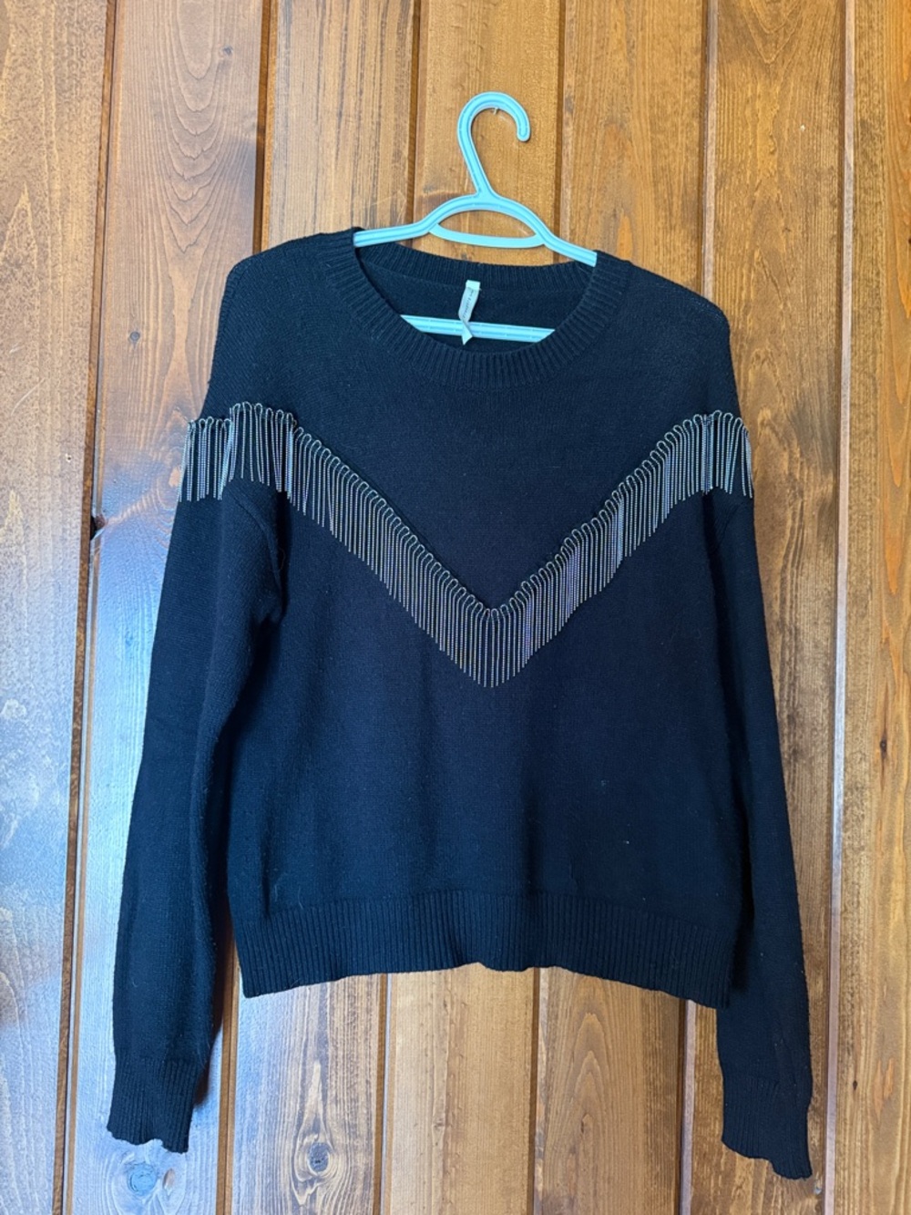 Black Women's V-Neck Fringe Accent Sweater